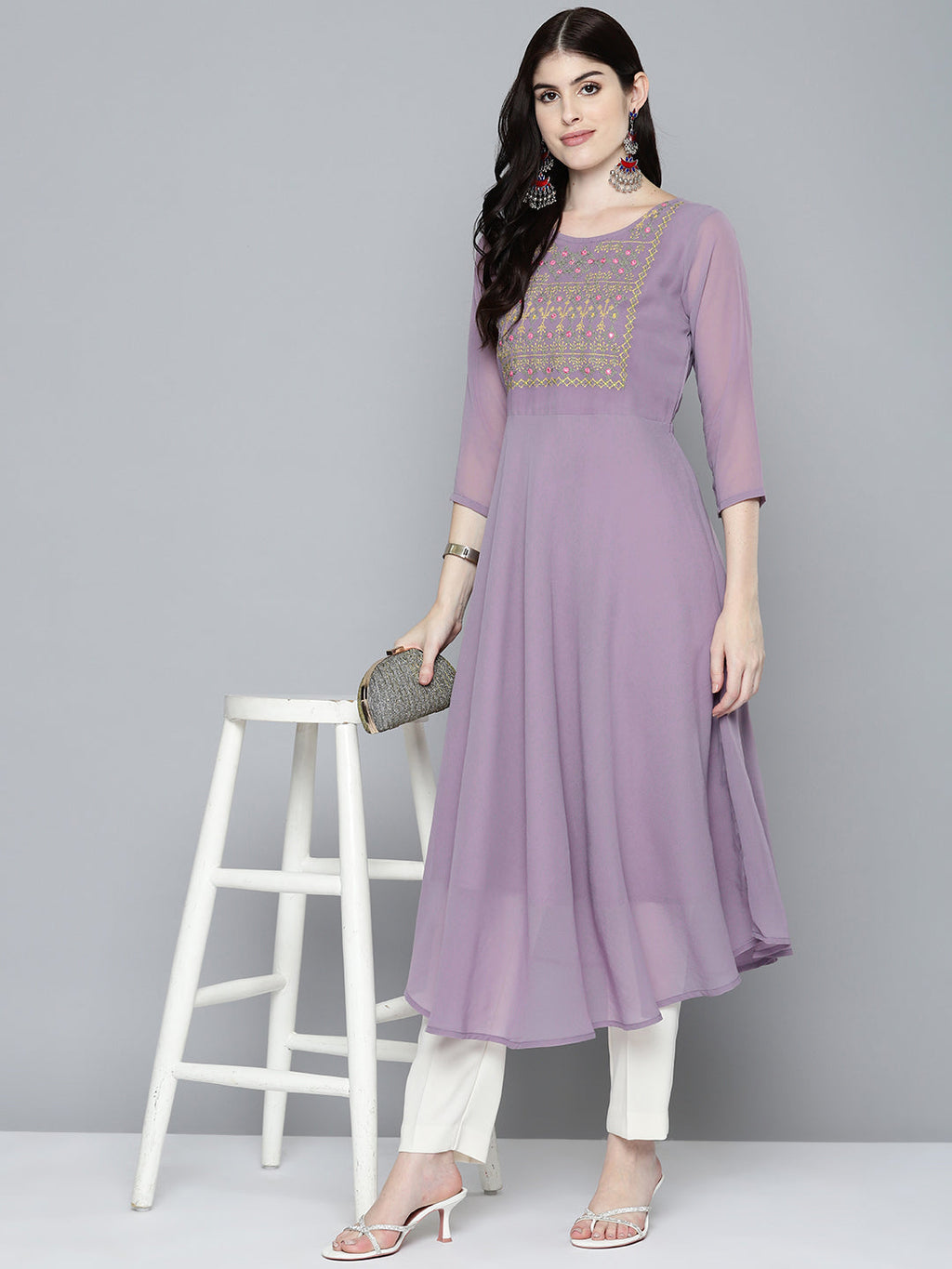 Jompers Women's Embroidered yok flared georgette kurta - Purple