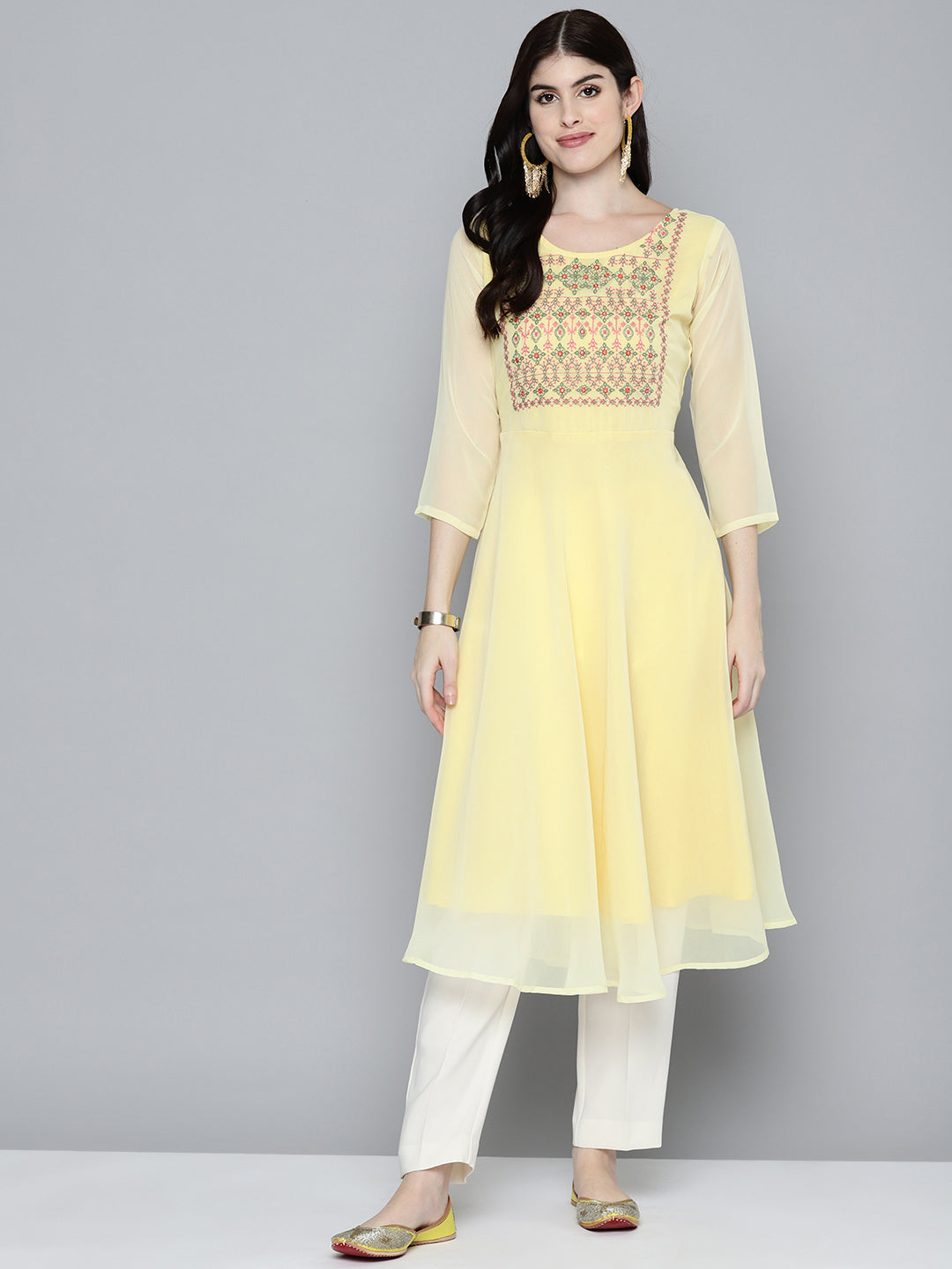 Jompers Women's Embroidered yok flared georgette kurta - Yellow