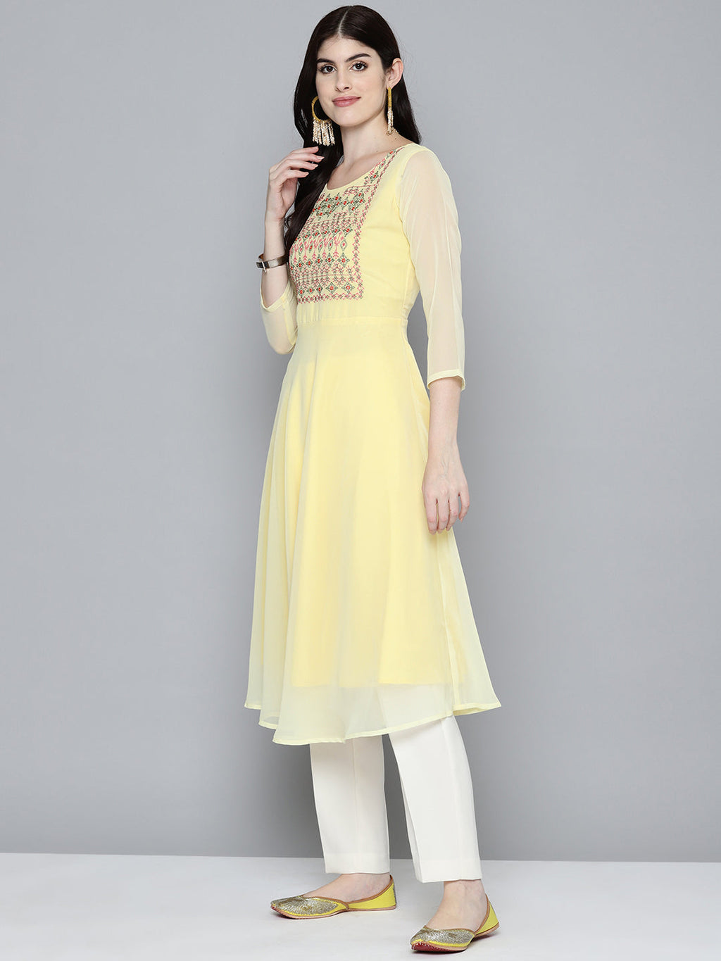 Jompers Women's Embroidered yok flared georgette kurta - Yellow