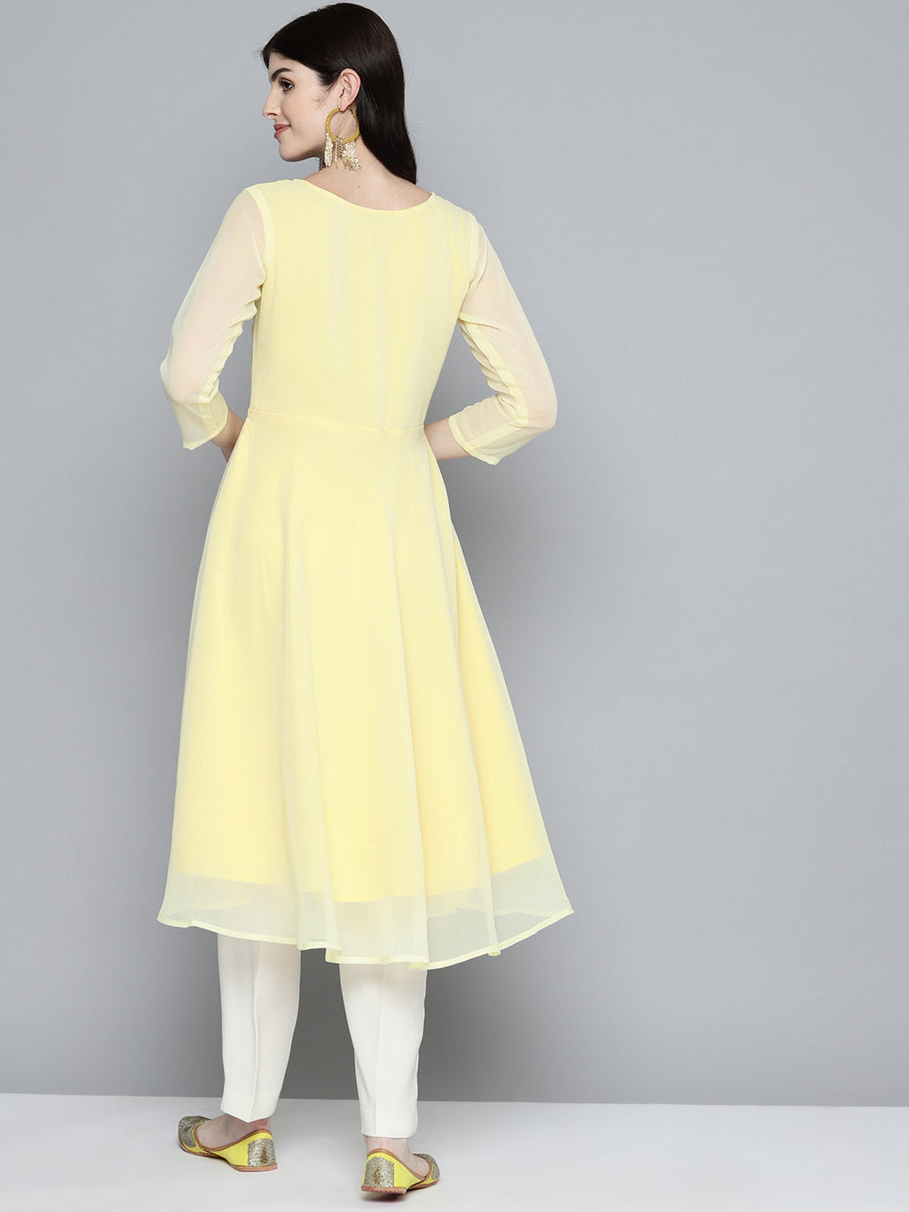 Jompers Women's Embroidered yok flared georgette kurta - Yellow