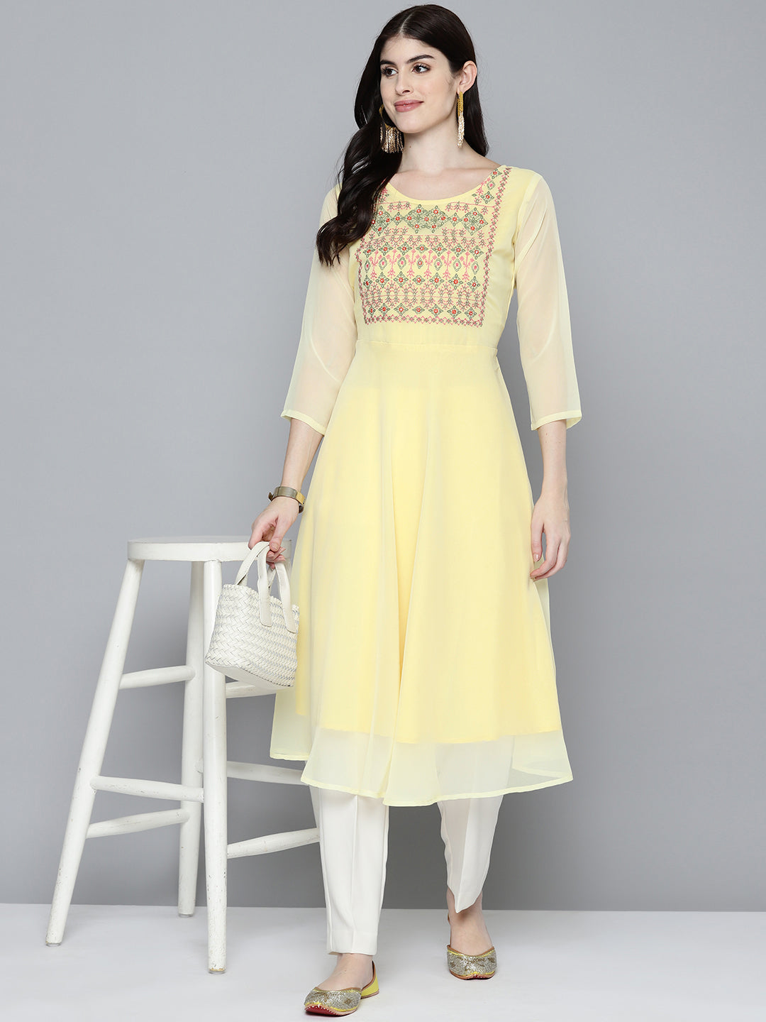 Jompers Women's Embroidered yok flared georgette kurta - Yellow