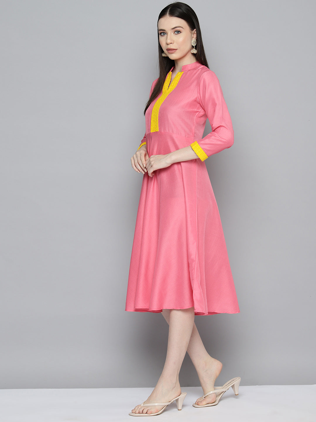 Jompers Women's Sequin work, flared ethnic dress - PInk