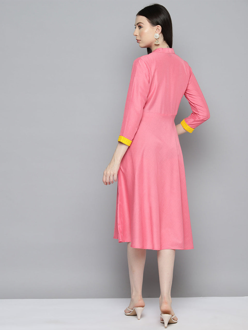 Jompers Women's Sequin work, flared ethnic dress - PInk