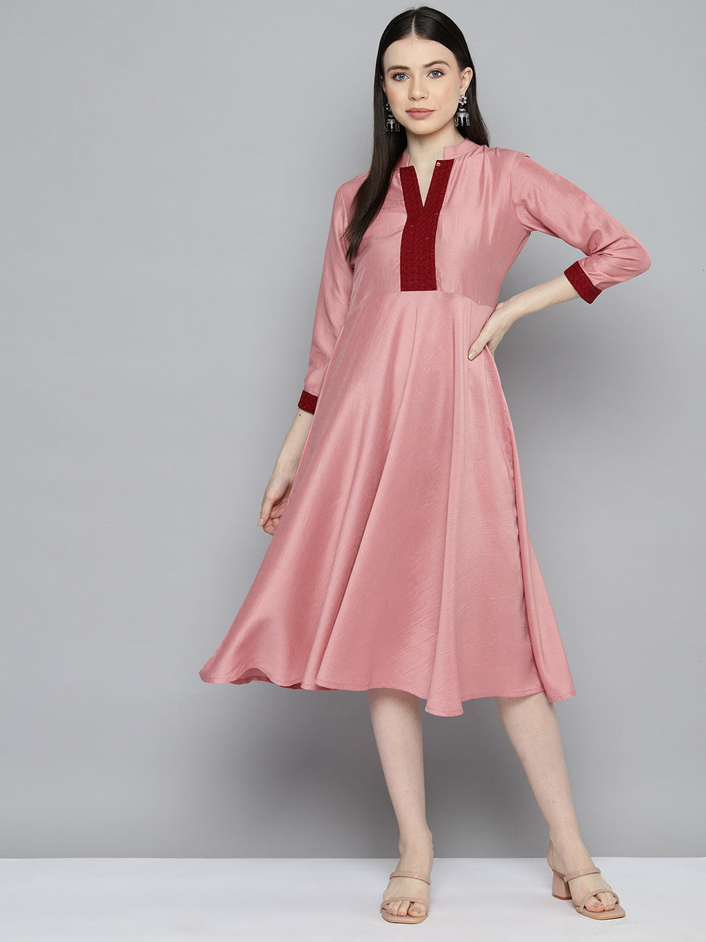 Jompers Women's Sequin work, flared ethnic dress - Peach