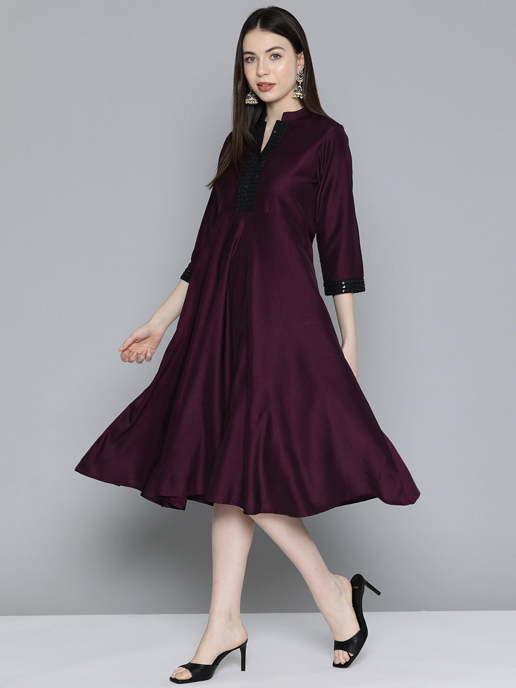 Jompers Women's Sequin work, flared ethnic dress - Wine