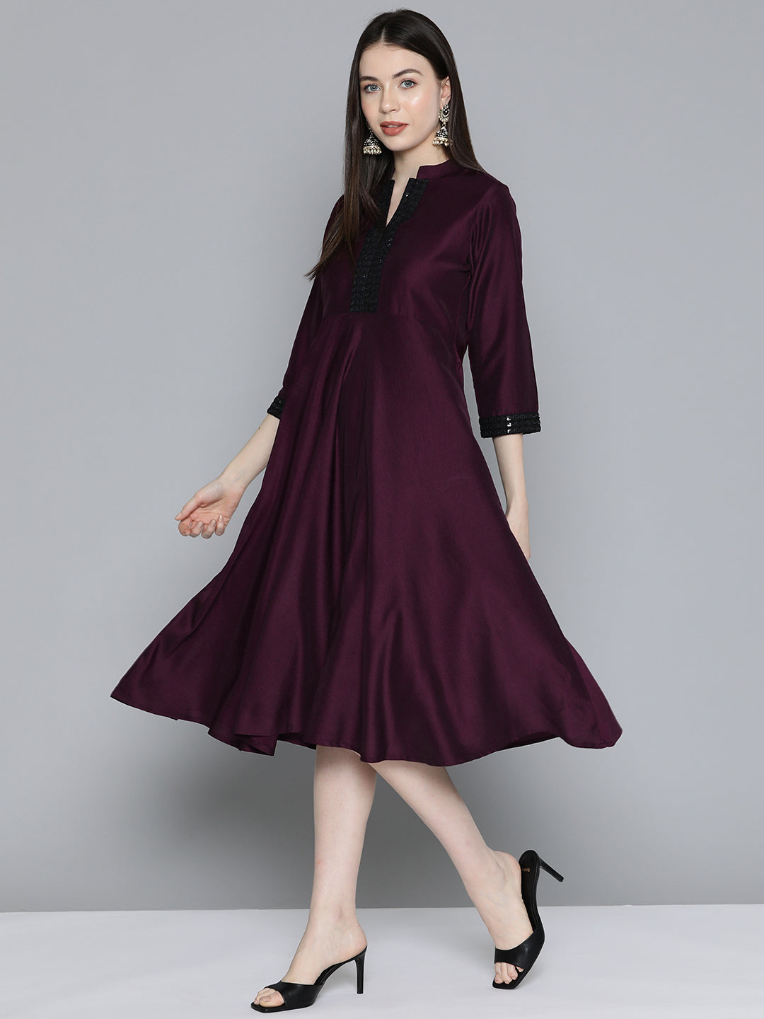 Jompers Women's Sequin work, flared ethnic dress - Wine