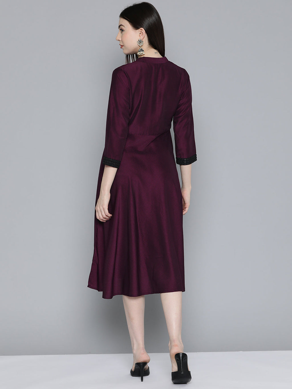 Jompers Women's Sequin work, flared ethnic dress - Wine