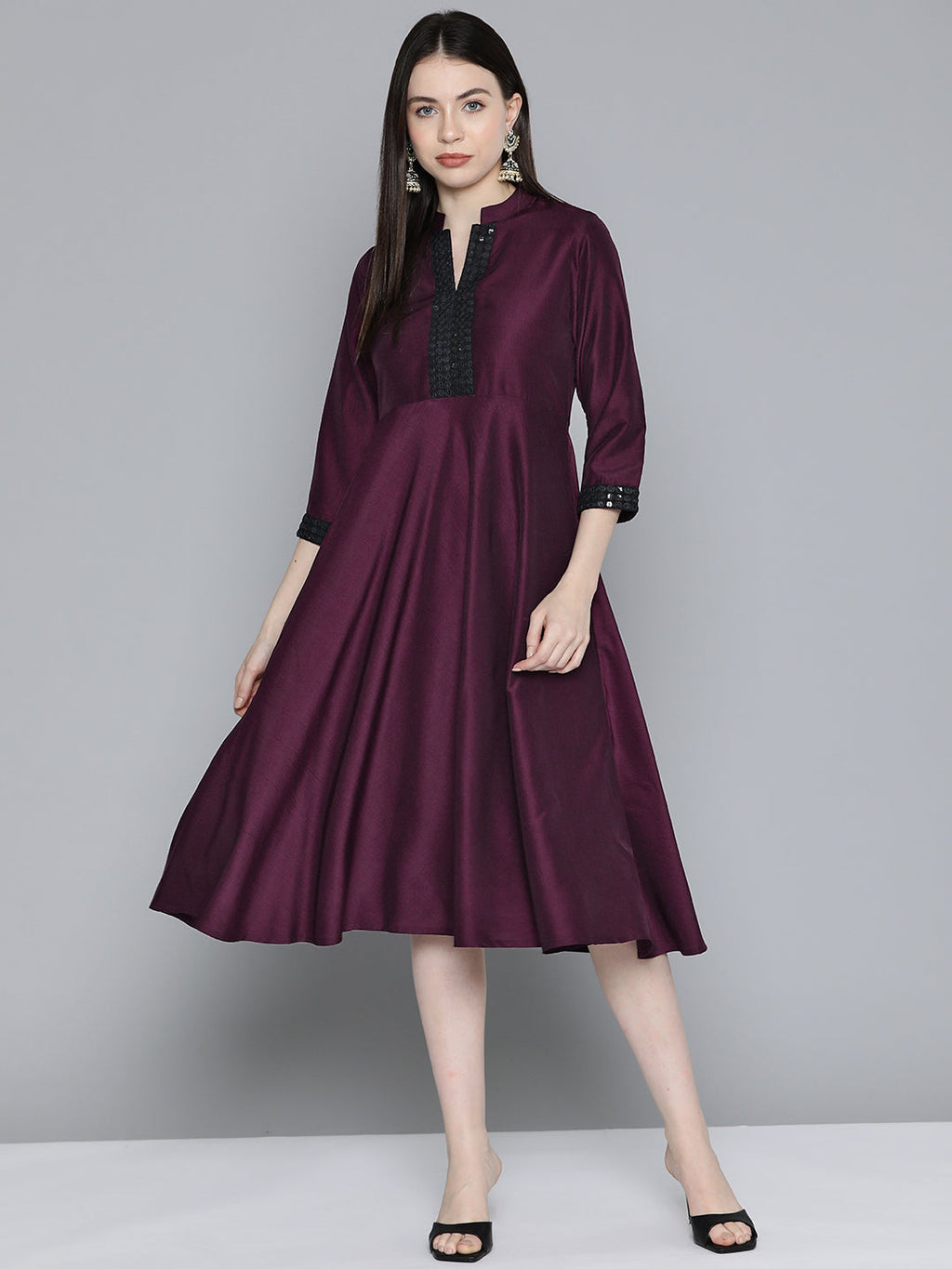 Jompers Women's Sequin work, flared ethnic dress - Wine