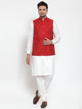 Jompers Men's White Solid Kurta with Pyjamas And Red Nehru Jacket