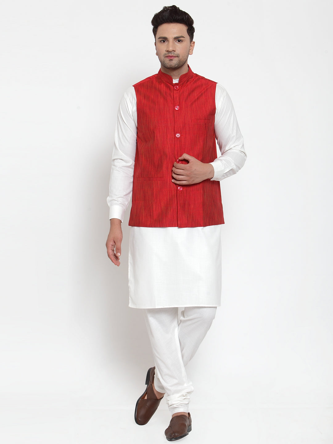 Jompers Men's White Solid Kurta with Pyjamas And Red Nehru Jacket