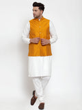 Jompers Men's White Solid Kurta with Pyjamas & Yellow Nehru Jacket