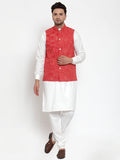 Jompers Men's White Solid Kurta with Pyjamas & Red Nehru Jacket