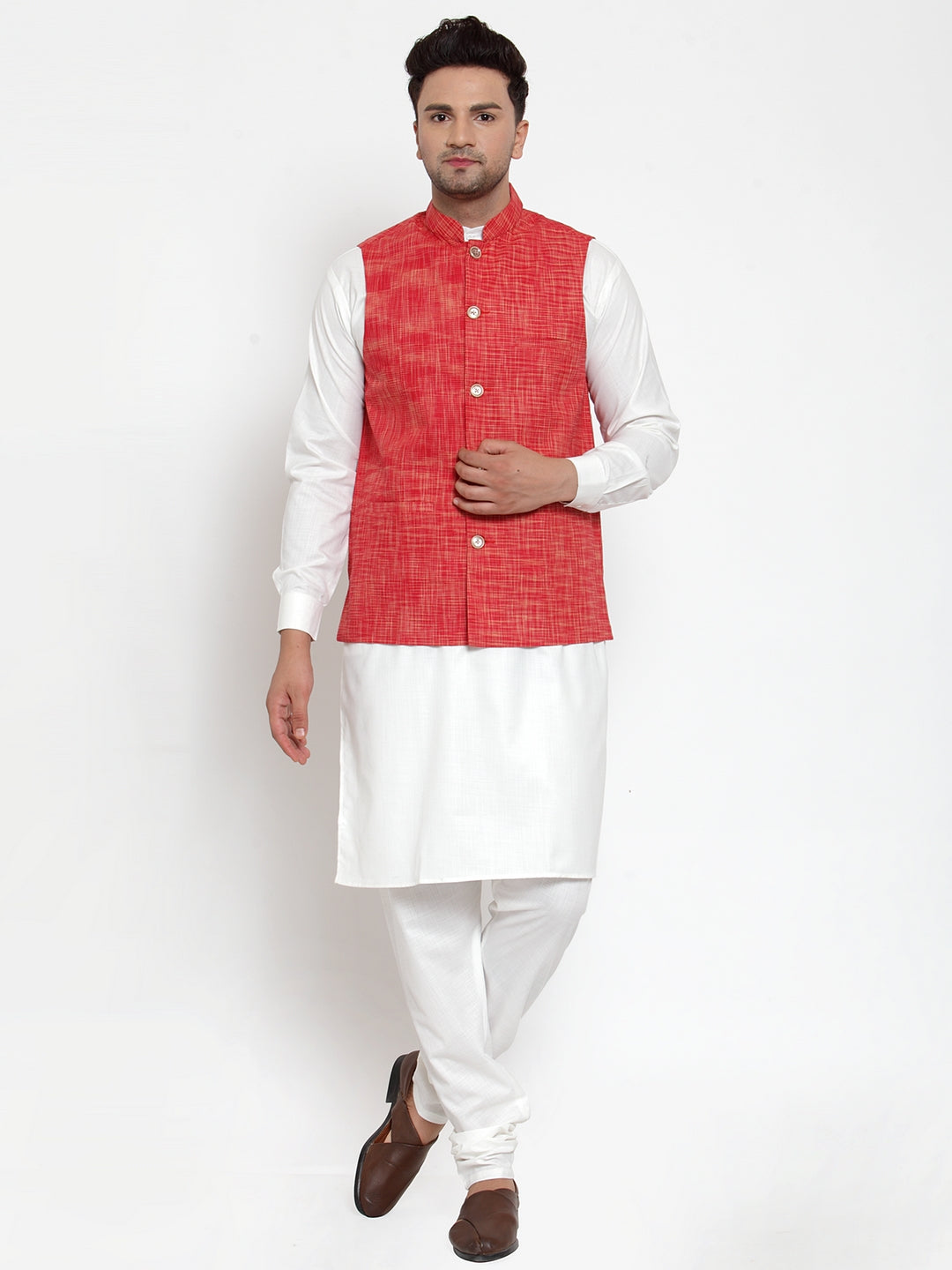Jompers Men's White Solid Kurta with Pyjamas & Red Nehru Jacket