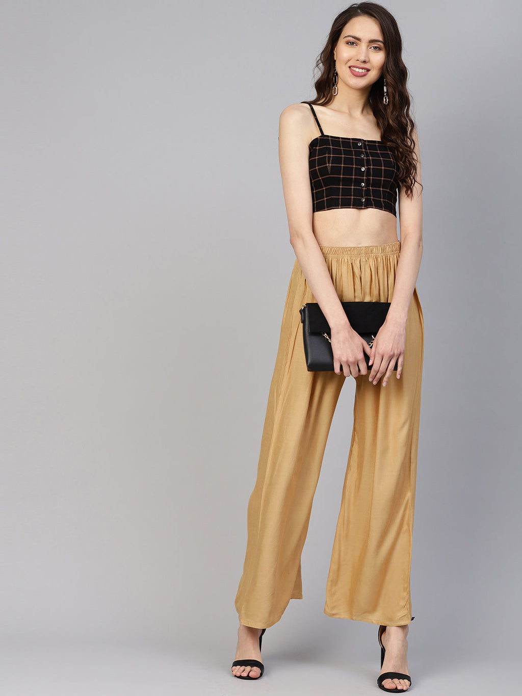 Jompers Women's Beige Straight Elasticated Palazzo