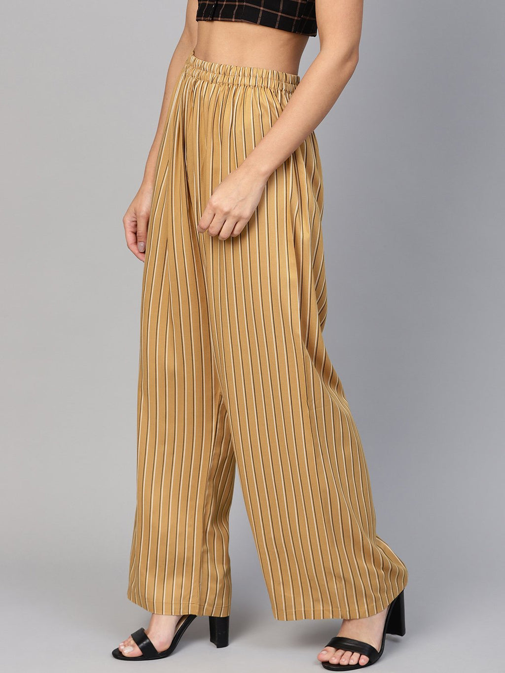 Jompers Women Beige & Black Striped Straight Palazzos
