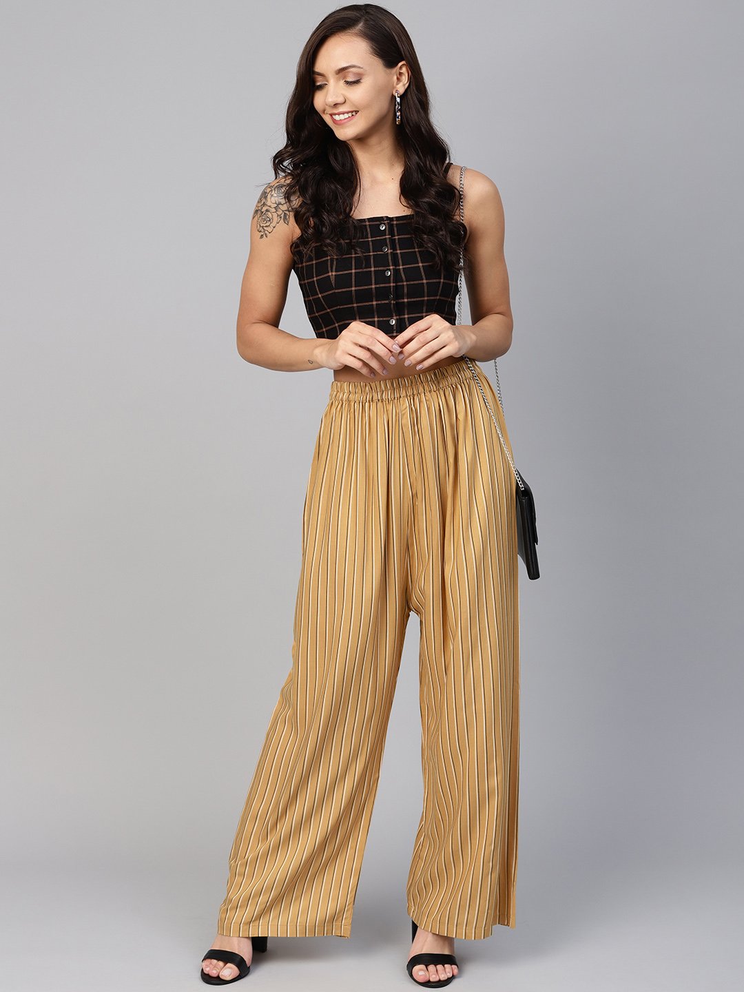 Jompers Women Beige & Black Striped Straight Palazzos