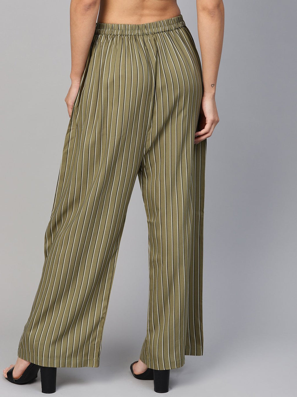 Jompers Women Olive Green & Black Striped Straight Palazzos