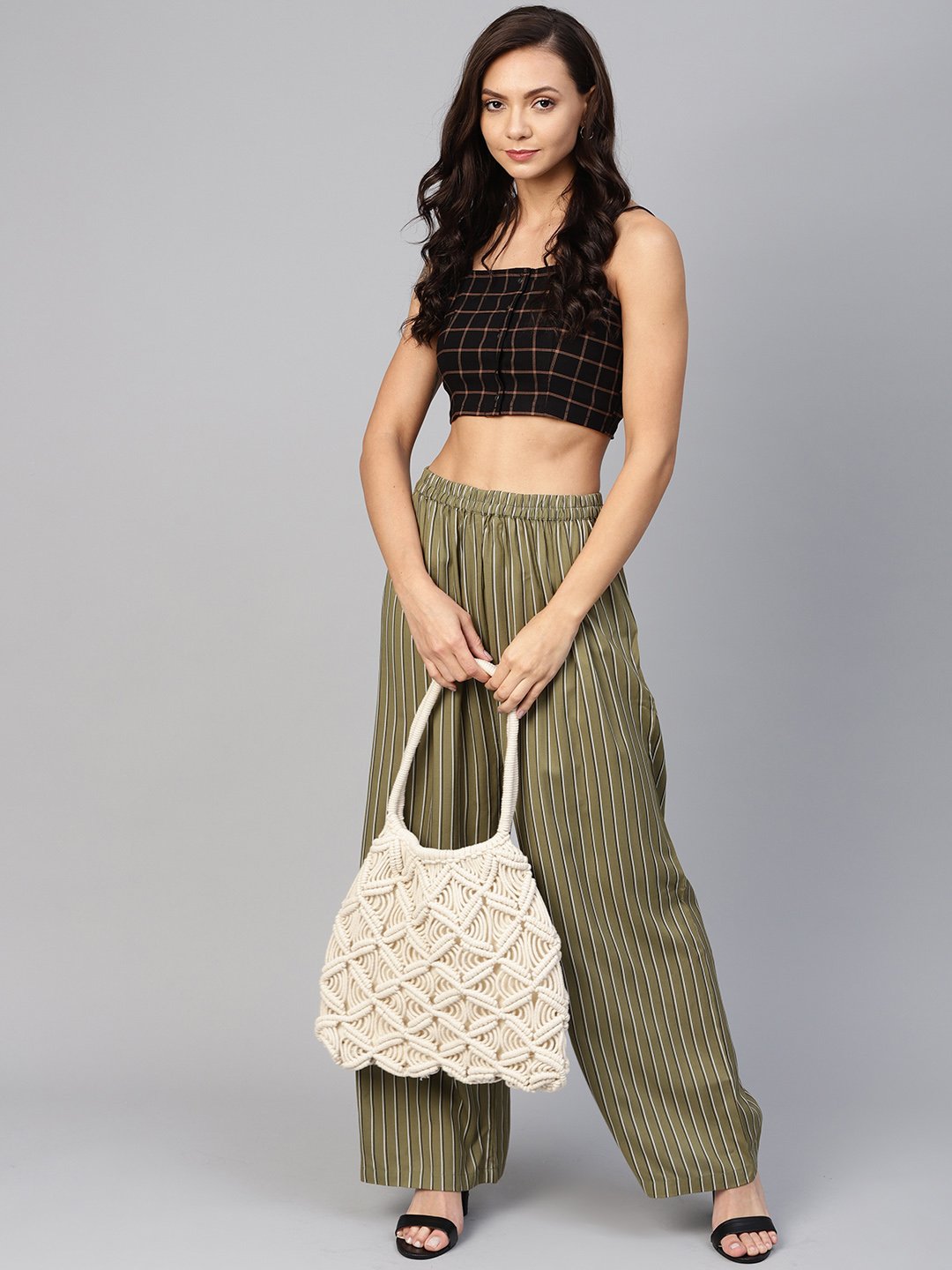 Jompers Women Olive Green & Black Striped Straight Palazzos