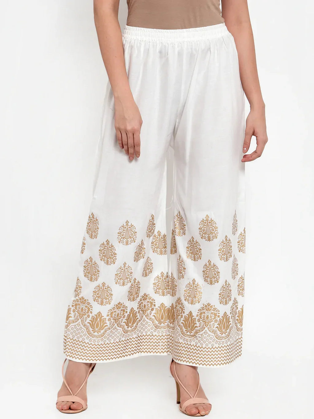 Jompers Women's Rama Green & Off-White Embroidered Kurta with Palazzos