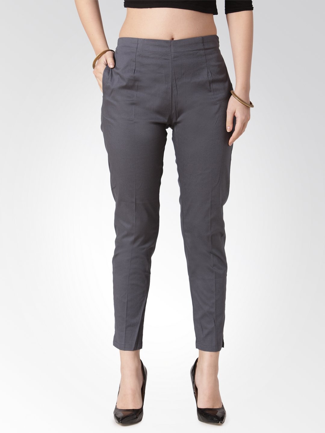 Jompers Women Grey Smart Slim Fit Solid Regular Trousers
