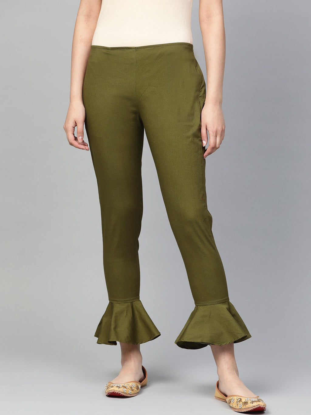 Jompers Women Olive Green Smart Fit Solid Bottom Flared Trousers