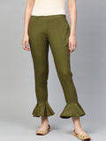 Jompers Women Olive Green Smart Fit Solid Bottom Flared Trousers
