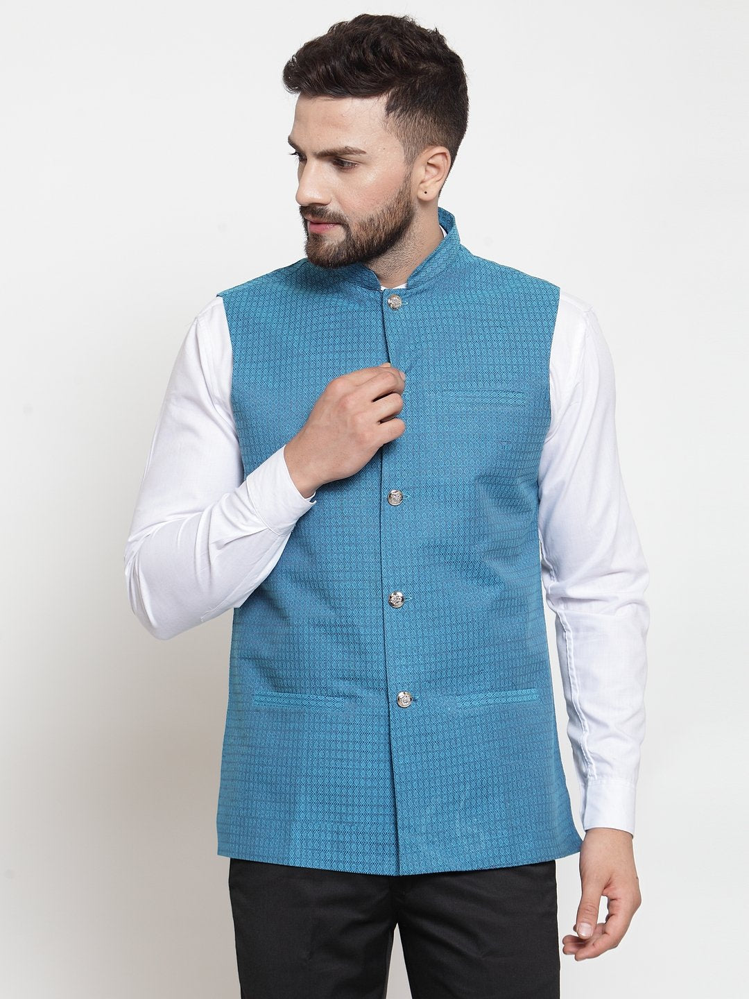 Jompers Men Turquoise Blue Woven Design Nehru Jacket