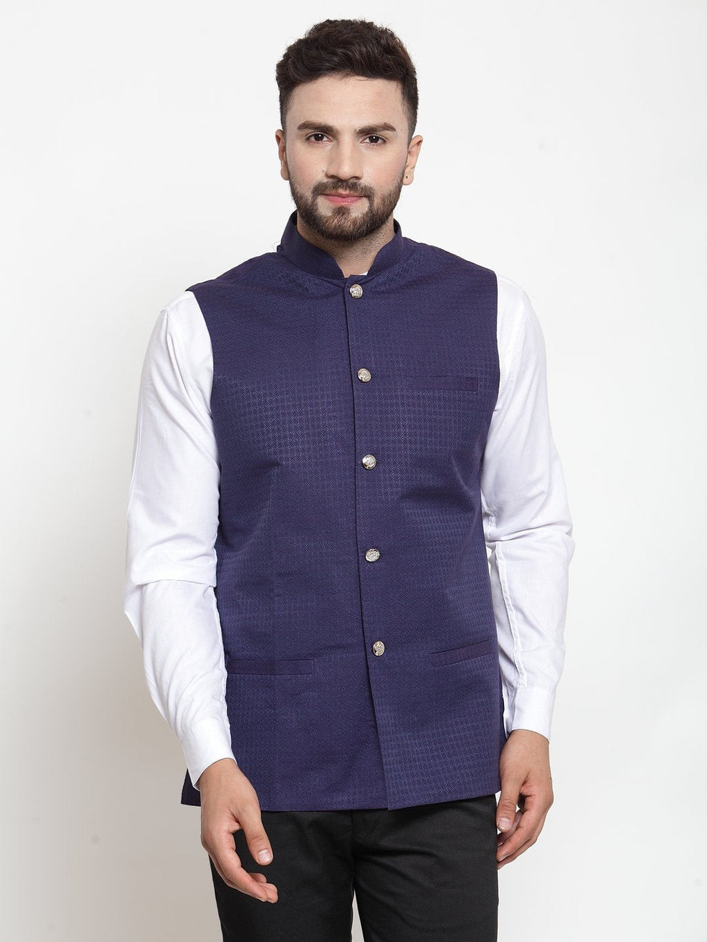 Jompers Men Navy-Blue Woven Design Nehru Jacket