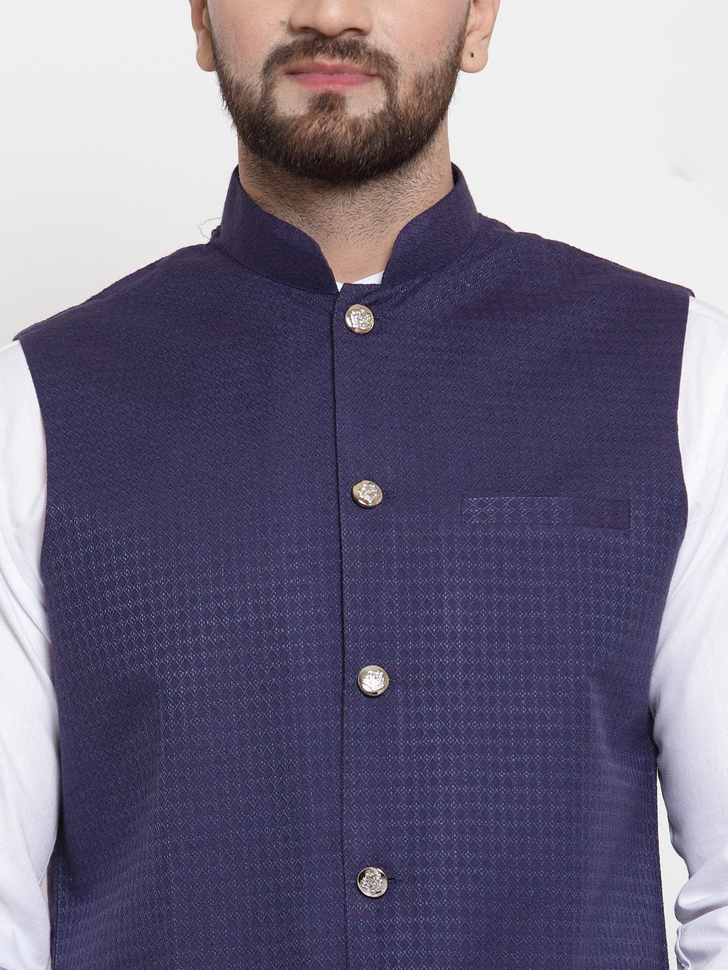 Jompers Men Navy-Blue Woven Design Nehru Jacket