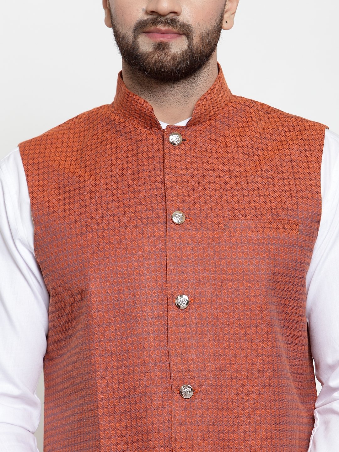 Jompers Men Orange Woven Design Nehru Jacket