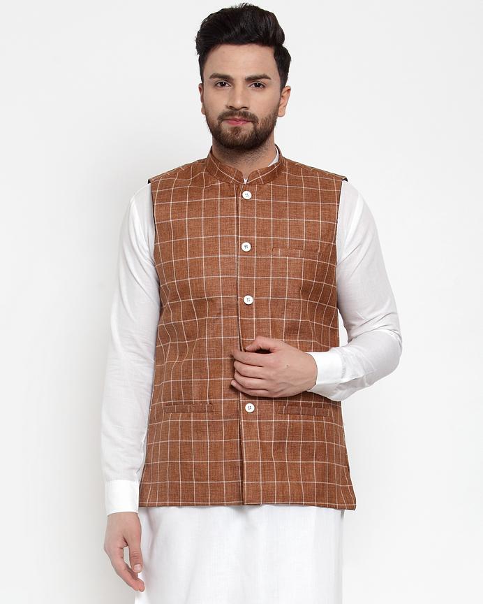 Jompers Men Brown Checked Nehru Jacket
