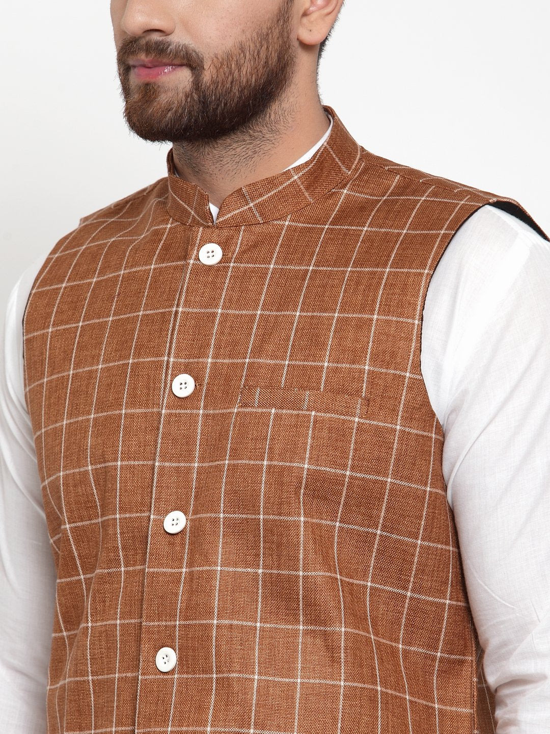 Jompers Men Brown Checked Nehru Jacket
