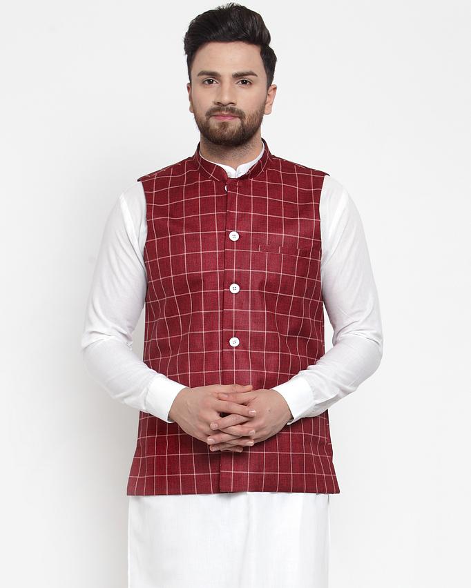 Jompers Men Maroon Checked Nehru Jacket