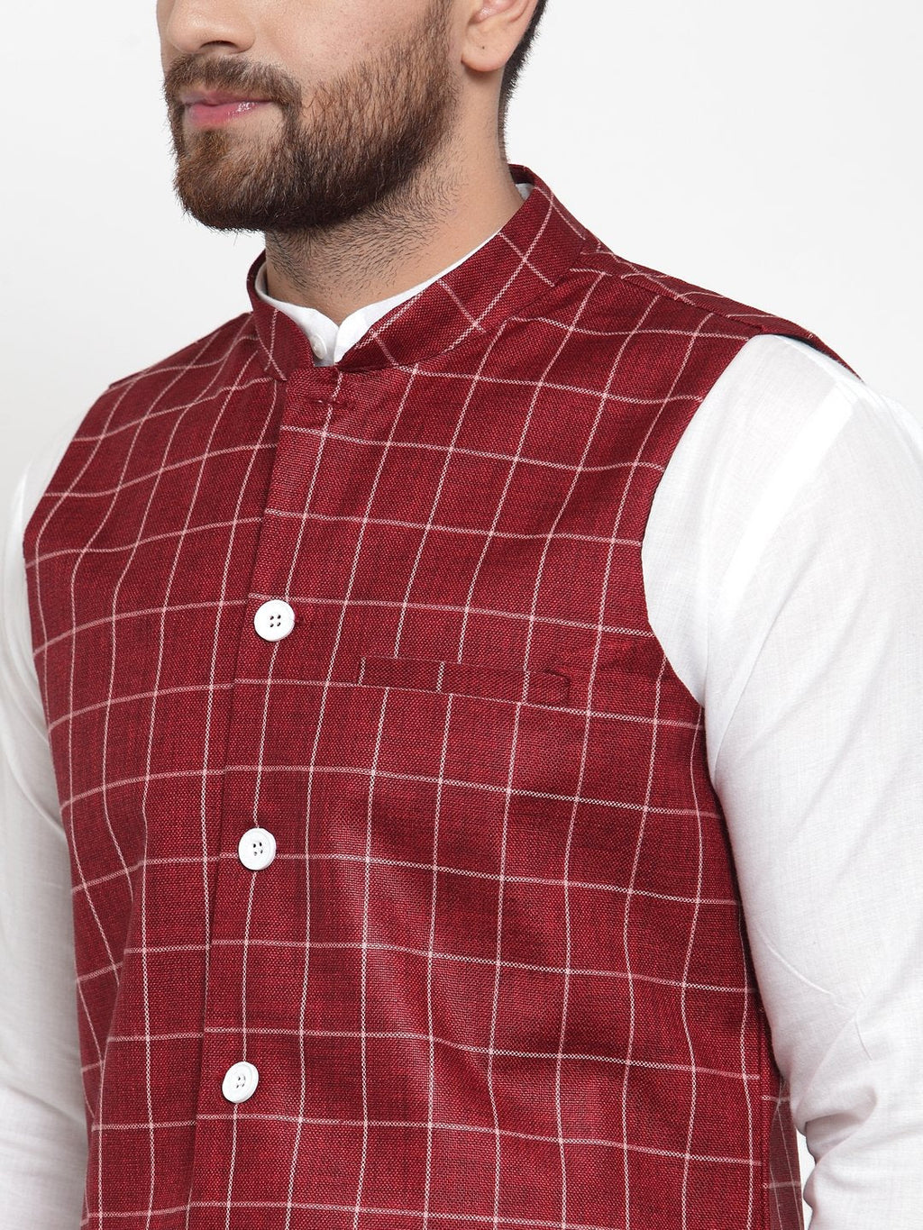 Jompers Men Maroon Checked Nehru Jacket