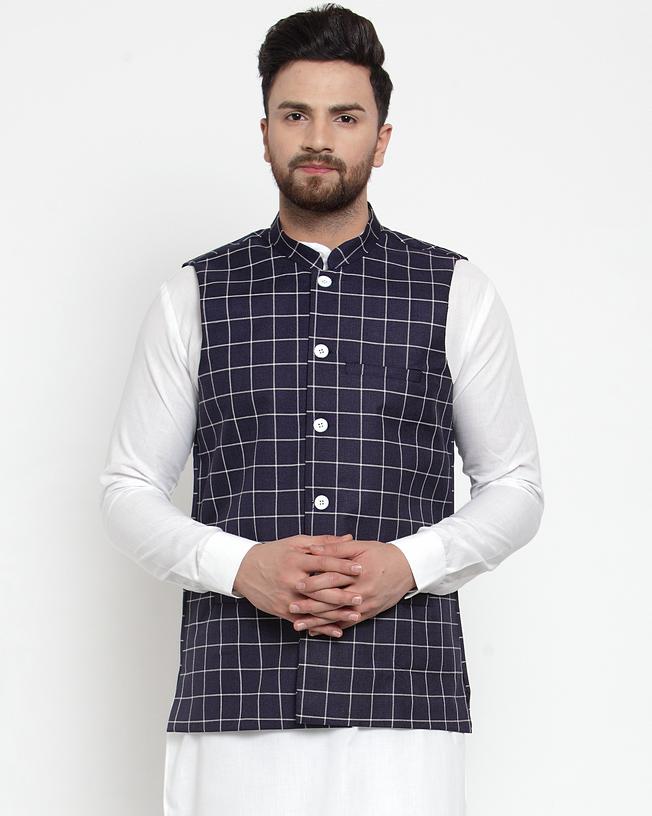 Jompers Men Navy-Blue Checked Nehru Jacket