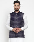 Jompers Men Navy-Blue Checked Nehru Jacket