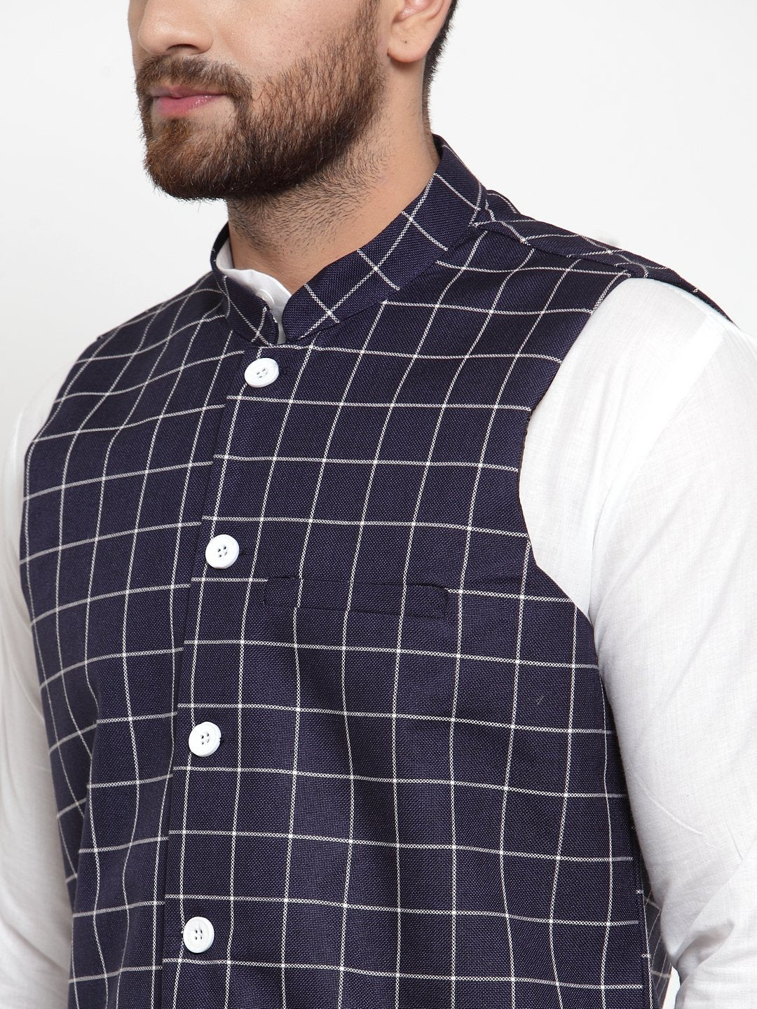 Jompers Men Navy-Blue Checked Nehru Jacket