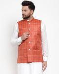 Jompers Men Peach Checked Nehru Jacket