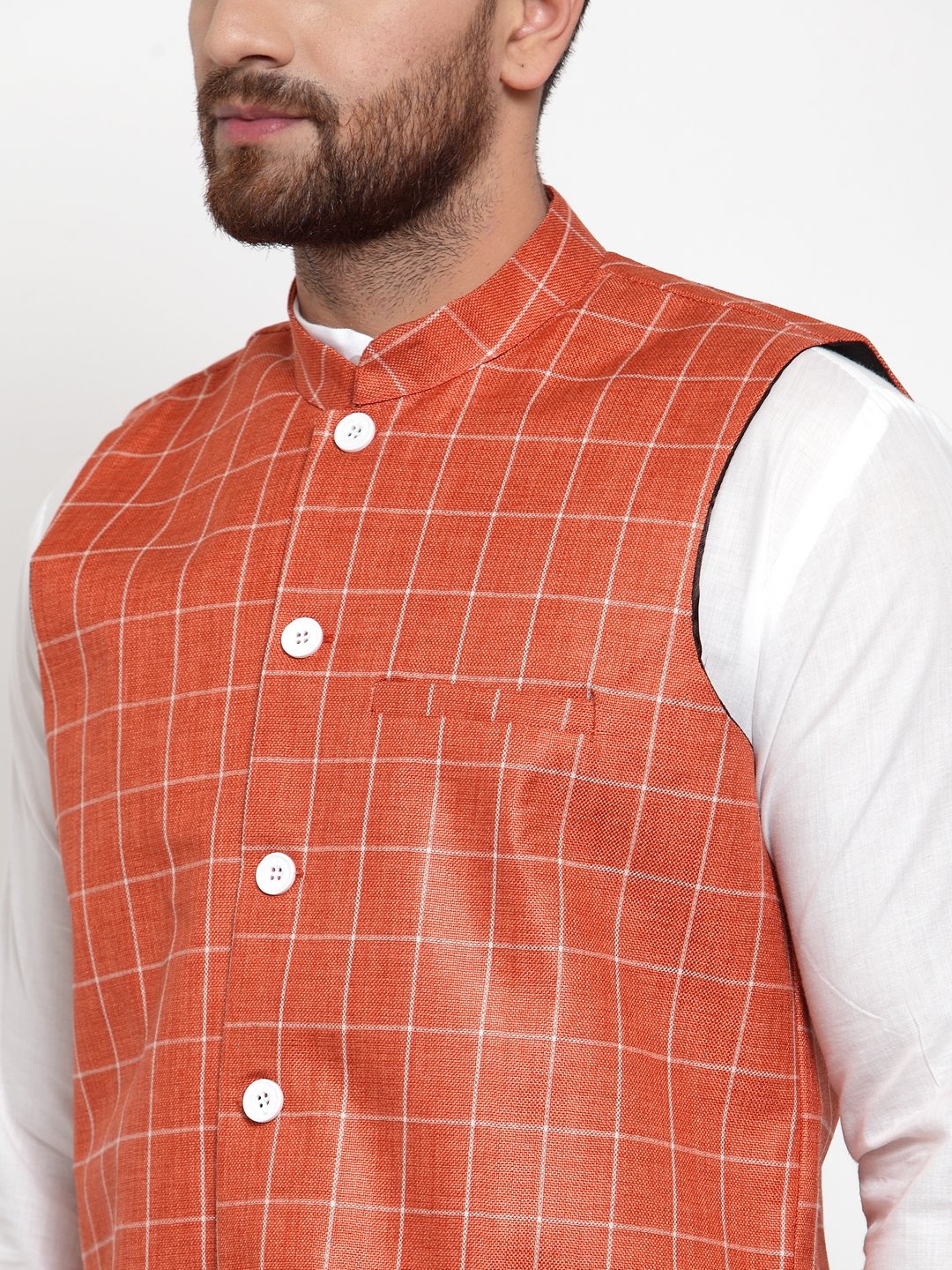 Jompers Men Peach Checked Nehru Jacket