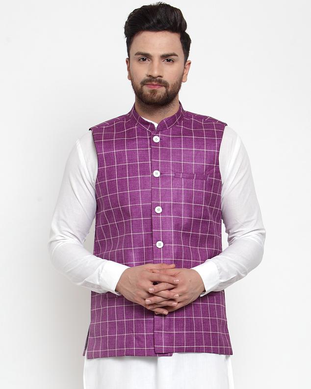 Jompers Men Purple Checked Nehru Jacket