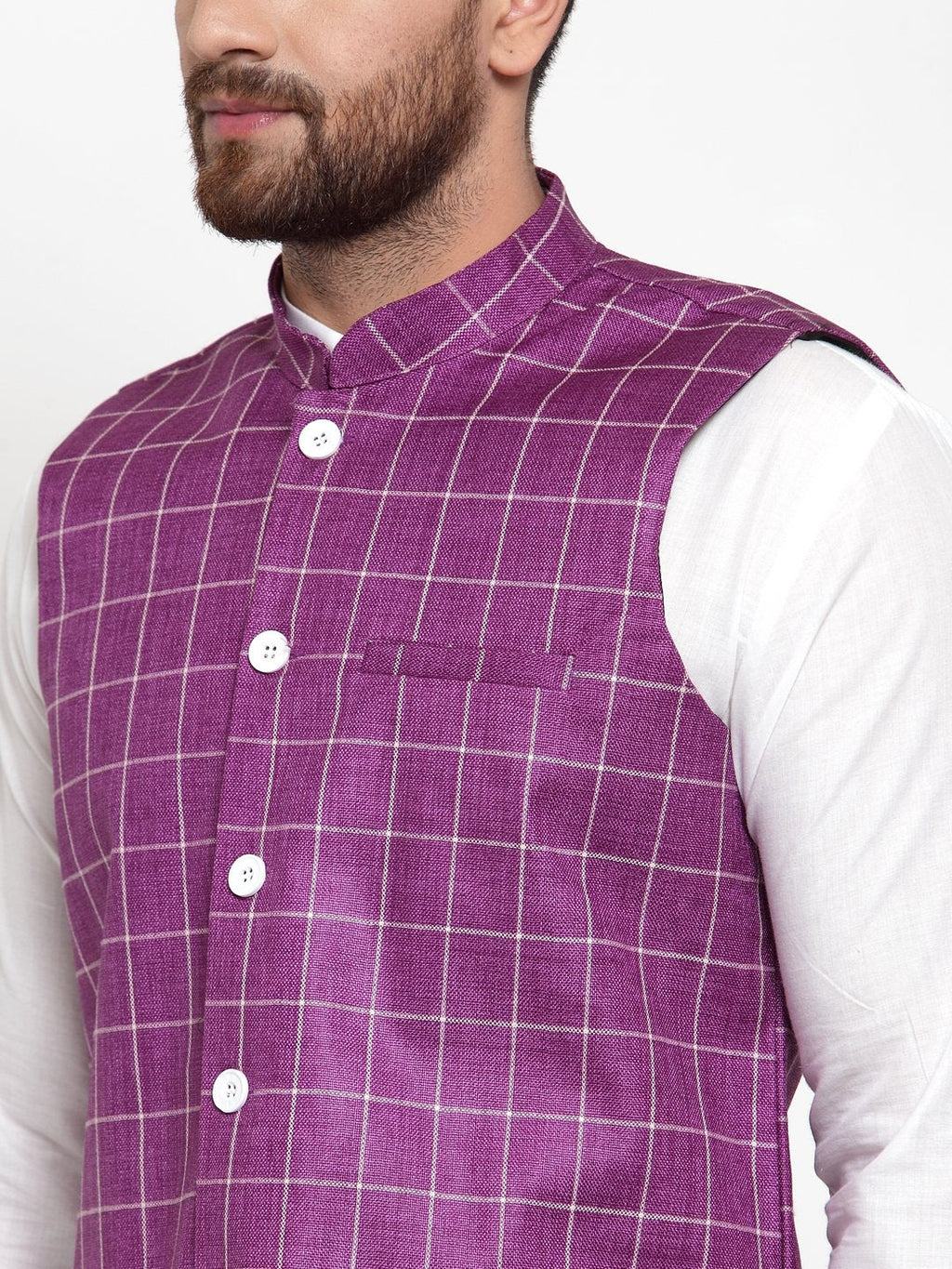 Jompers Men Purple Checked Nehru Jacket