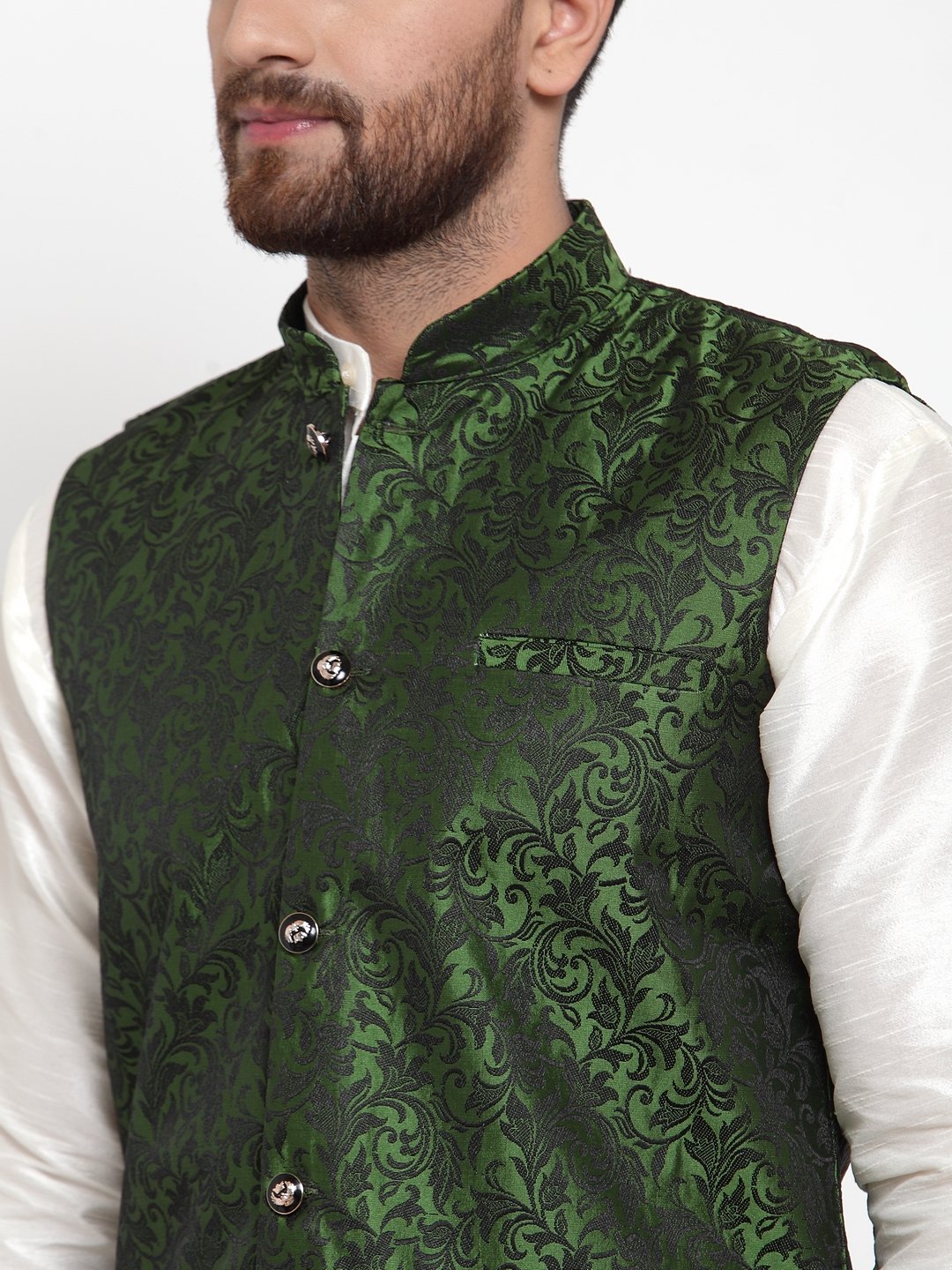 Jompers Men Green-Coloured & Black Woven Design Nehru Jacket (Mehndi)