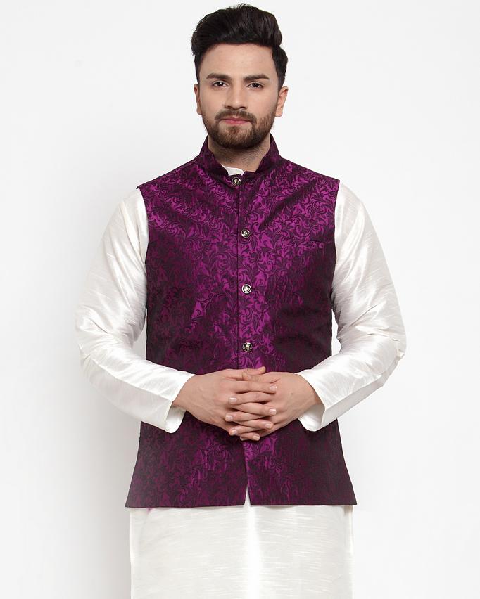 Jompers Men Purple-Coloured & Black Woven Design Nehru Jacket