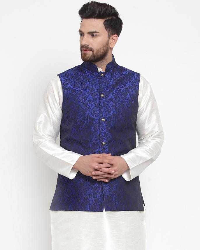Jompers Men Blue-Coloured & Black Woven Design Nehru Jacket