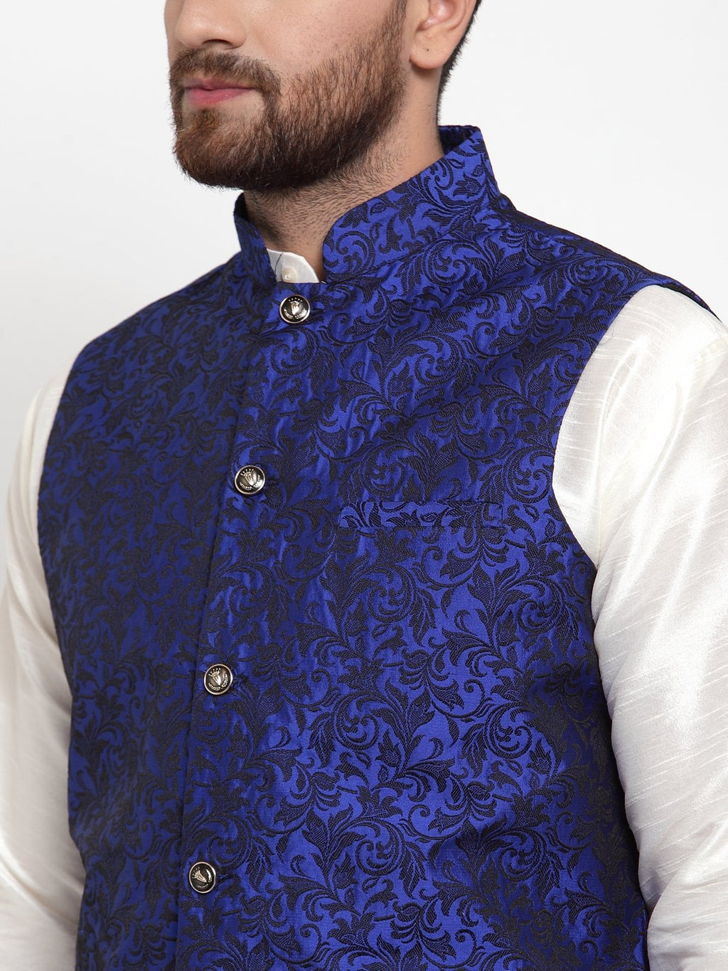 Jompers Men Blue-Coloured & Black Woven Design Nehru Jacket