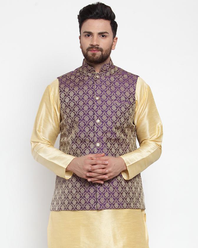 Jompers Men Purple-Coloured & Golden Woven Design Nehru Jacket