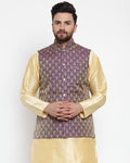 Jompers Men Purple-Coloured & Golden Woven Design Nehru Jacket