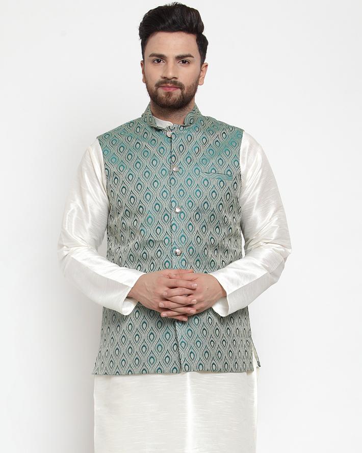 Jompers Men Green Woven Design Nehru Jacket