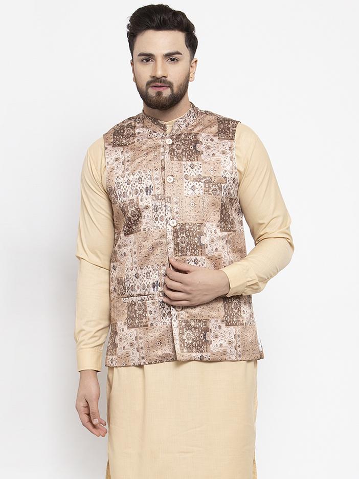 Jompers Men's Beige Printed Satin Nehru Jacket (JOWC-4007) Beige