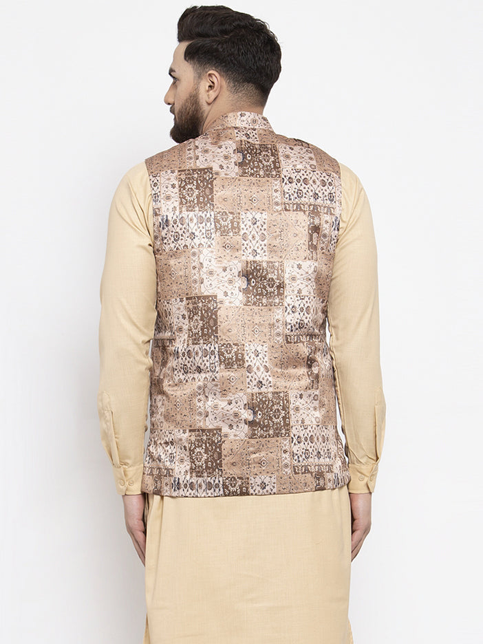 Jompers Men's Beige Printed Nehru Jacket